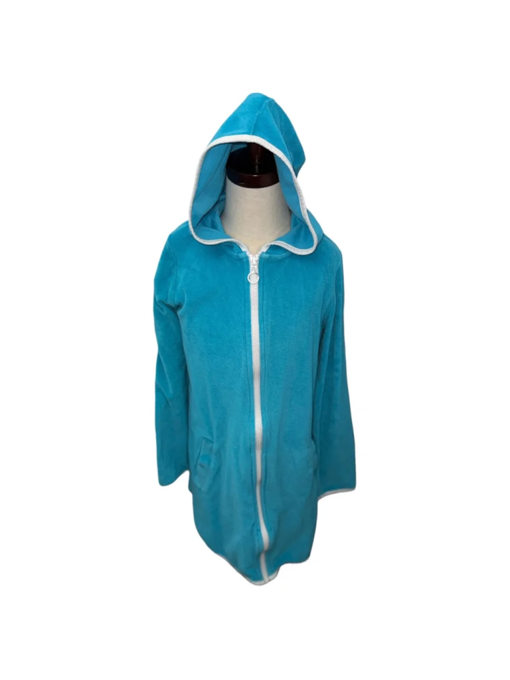 Lands’ End Girls Terry Cloth Swim Cover-Up Hoodie Turquoise Size S 7-8